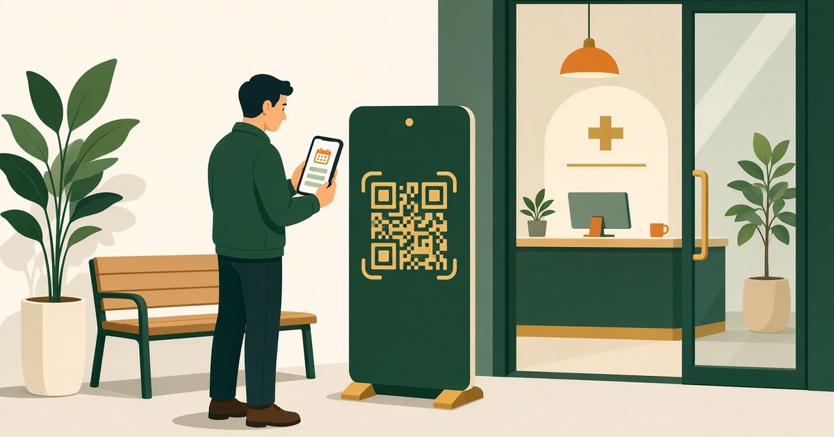 ภาพประกอบผู้ป่วยยืนหน้าประตูคลินิก ใช้มือถือสแกน QR บนป้ายตั้งข้างประตูเพื่อจองคิว มีต้นไม้และม้านั่งรอด้านหน้าคลินิก