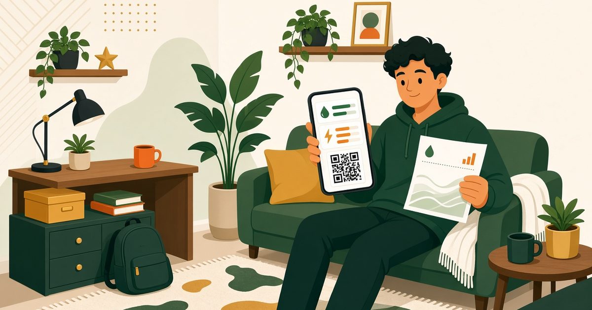 ภาพประกอบผู้เช่าหอพักนั่งบนโซฟาในห้องพัก ดูบิลค่าน้ำค่าไฟพร้อม QR บนมือถือ มีเลขหน่วยมิเตอร์แสดงเป็นแถบไอคอนน้ำและไฟบนจอ